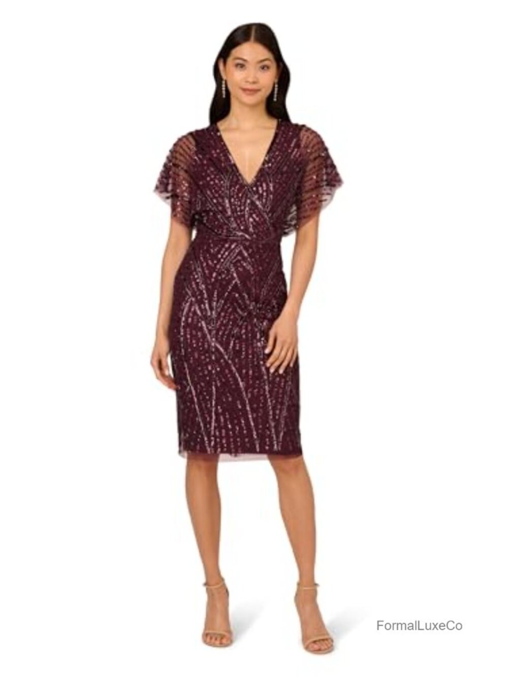 Beaded Dolman Sleeve Midi Dress Sheath V-Neck Zipper Back